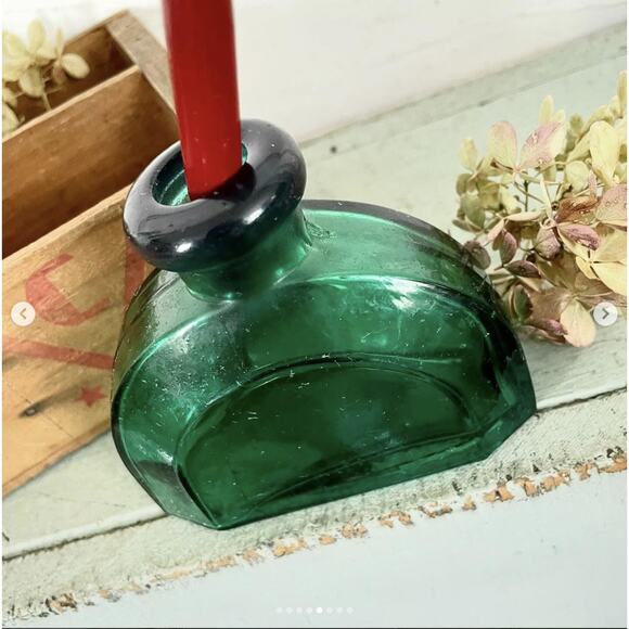 Vintage Teal Green Glass Inkwell Plus Dixon Calligraphy Wood Dip Pen USA - Picture 5 of 8